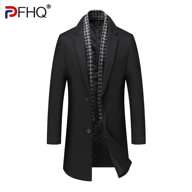 

PFHQ 2023 Elegant Men's Social Woolen Trench Long Coat Gentleman Business Trendy High Quality Removable Collar Spring Jacket New
