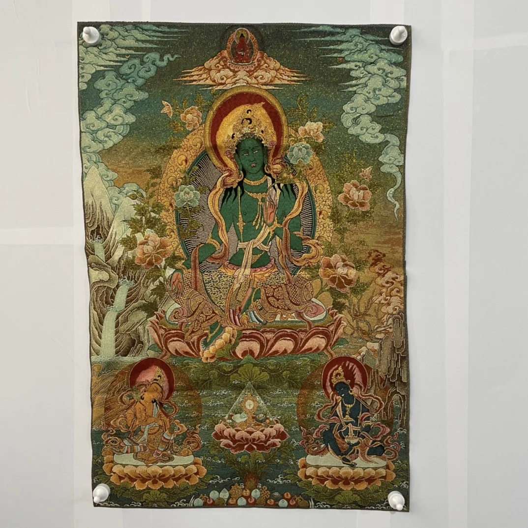 

35"Thangka Embroidery Tibetan Buddhism silk embroidery twenty one mother Green Tara lotus platform Thangka hanging screen