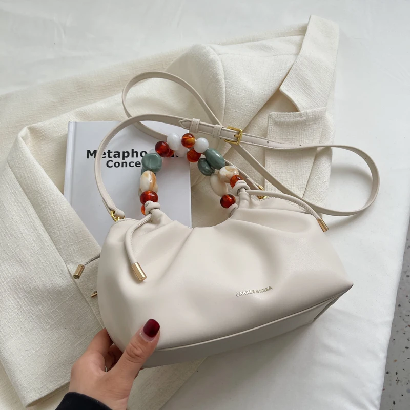 

Summer Famous Brand Beaded Handle PU Leather Women's Designer Cute Totes Handbags 2022 Luxury Brand One Shoulder Crossbody Bags