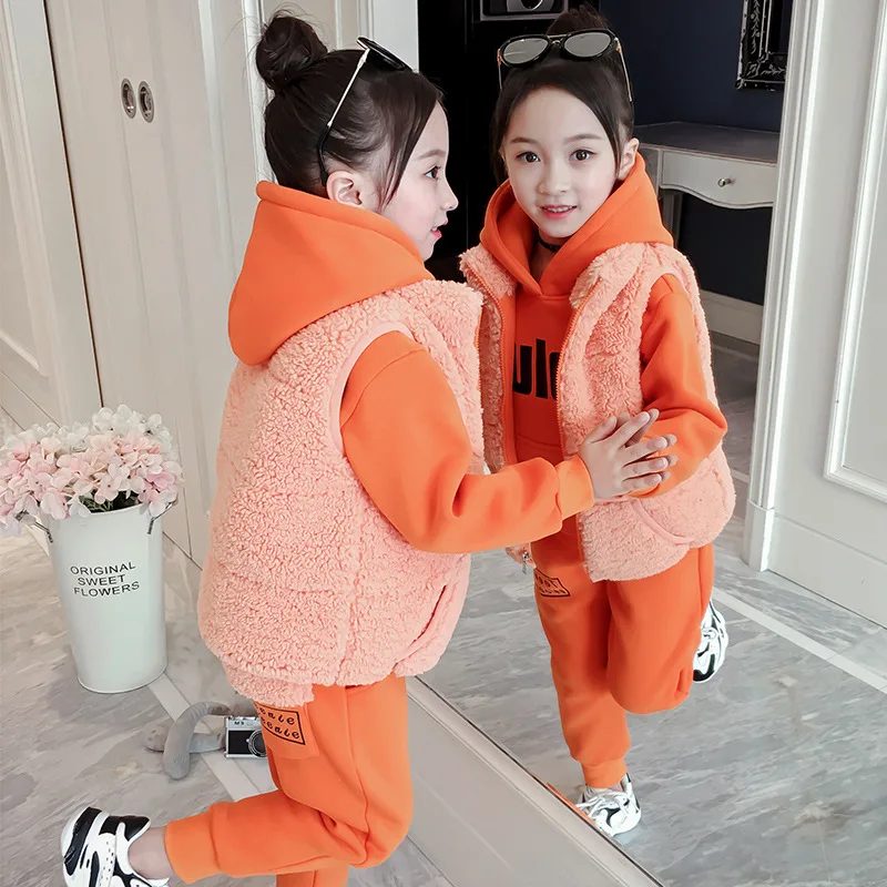 

Girls' Vests Suit New Autumn and Winter Clothes Foreign Style Children's Fashionable Thick Three Piece Set Toddler Kids Coat