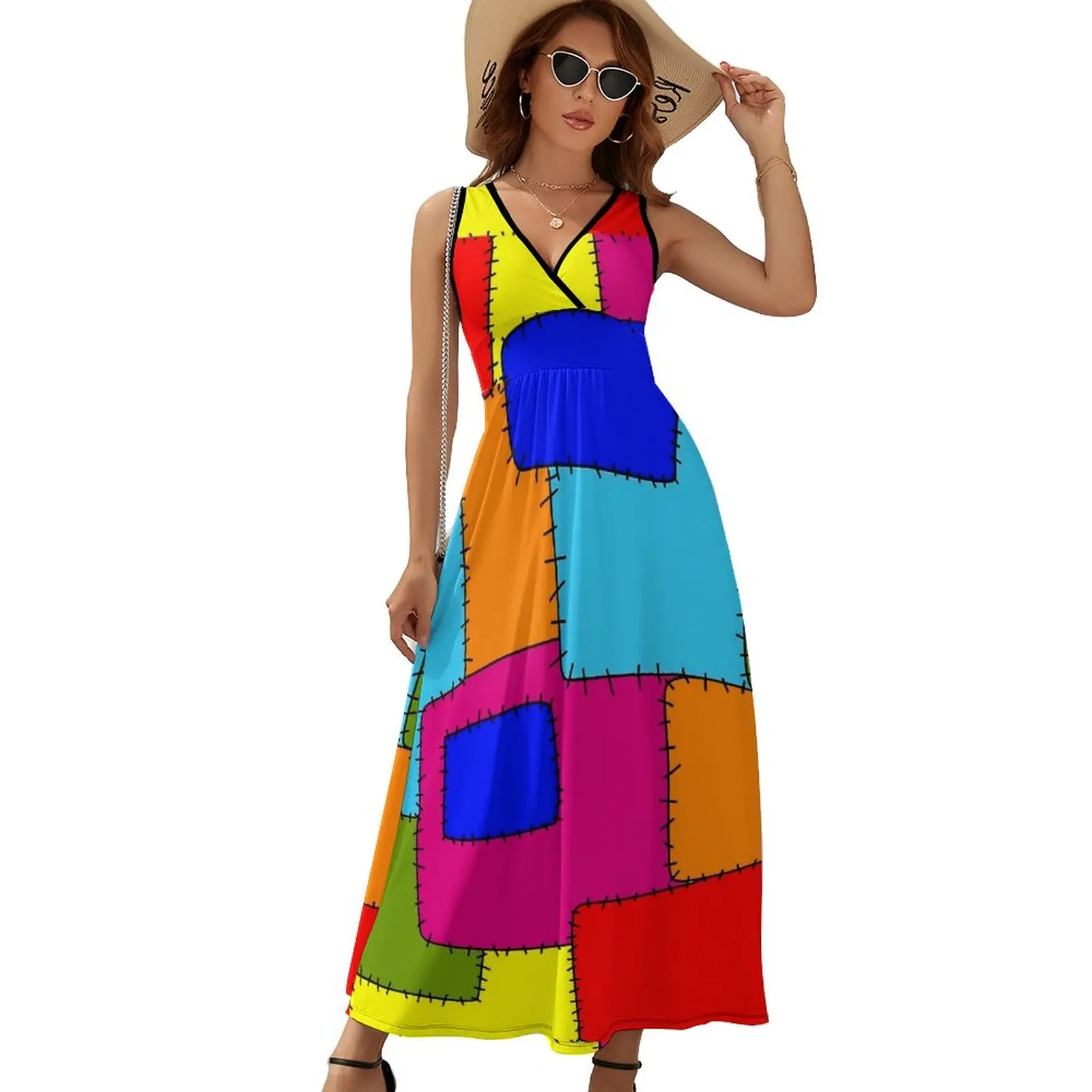 

Платье-макси в стиле пэчворк с рисунком, сексуальное длинное платье в богемном стиле с V-образным вырезом, в стиле оверсайз