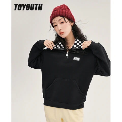 Toyouth Women Fleece Sweatshirt 2022 Winter Long Sleeve Chessboard Polo Collar Loose Hoodie Black Warm Casual Chic Pullover