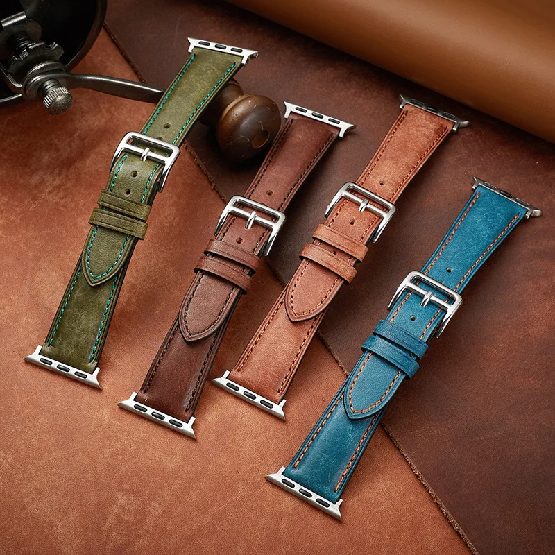 

For Apple Watch Band 44mm 40mm 45mm 41mm 49mm 38mm 42mm Handmade Crazy Horse Leather Strap Watchband for iWatch 8 Ultra 7 6 Se 5
