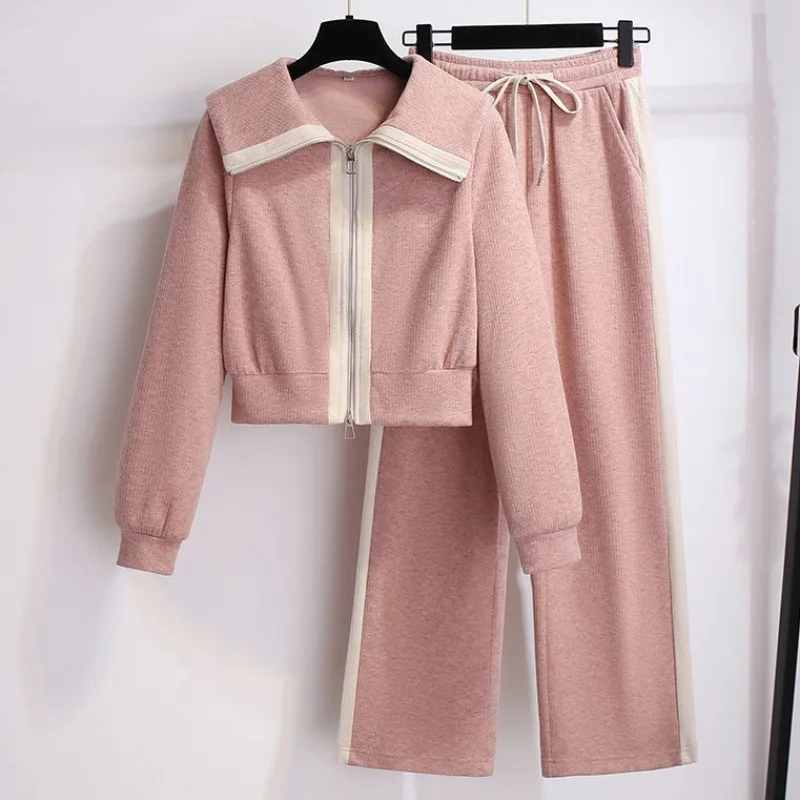 

Модный женский спортивный костюм, Осенний Свободный Повседневный свитшот на молнии и широкие брюки, комплект из двух предметов, корейский женский спортивный костюм