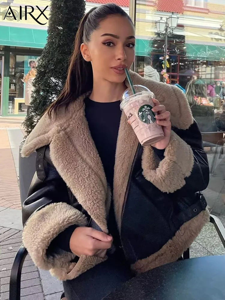 

AIRX Winter Leather Coat Women Warm Lamb Wool Jacket Zipper Short Locomotive Jackets Loose Long Sleeve Coats Streetwear