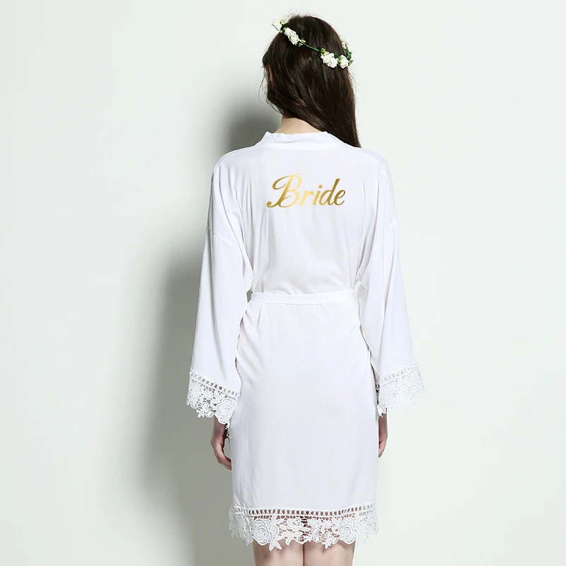 YUXINBRIDAL 2019 New Burgundy Solid Cotton Kimono Robes with Lace  Women Wedding Bridal Robe Bathrobe Sleepwear White Gold Print