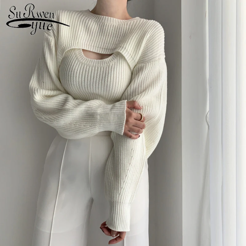 

New Autumn and Winter Sexy Casual Pullovers Fashion 2022 Korean Slim Sweater Vest and Outerwear Short Sweater Two-piece 23052