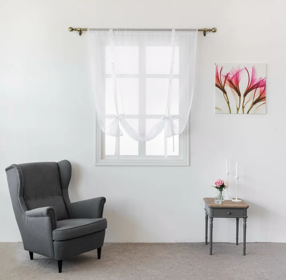 Однотонные белые прозрачные тюлевые римские шторы занавески с лентой для кухни