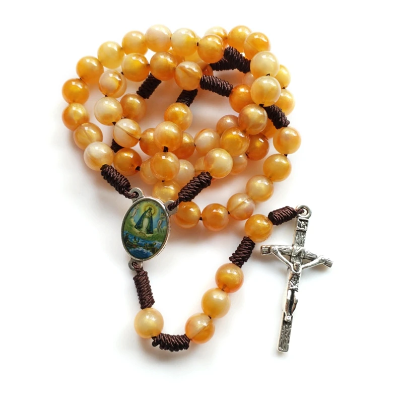 Round Acrylic Bead Rosary Necklace Vintage Weave Catholic Religious Cross Jesus Pendant Necklaces for Men Women