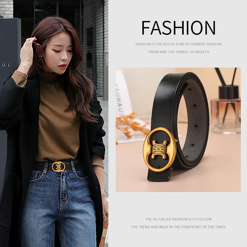 2023 New Genuine Leather Belt Women's Antique Texture Real Cowhide Fashion Versatile Letter C Jeans Waist Band Seal Sashes