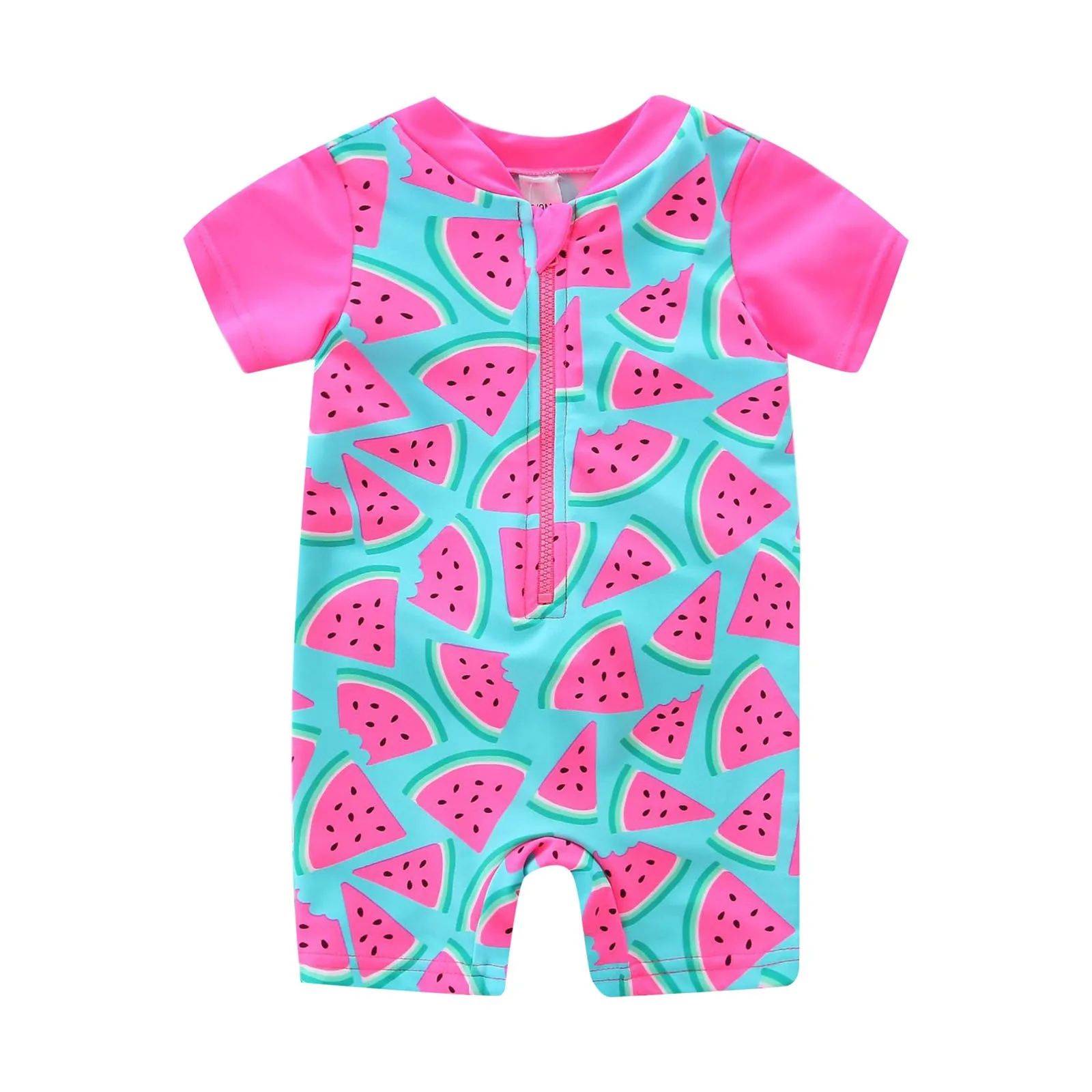 

Новинка; Летний купальный костюм с короткими рукавами и принтом арбуза для девочек; 1 предмет