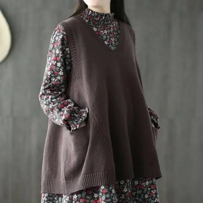 

Sweater Vest Woman Autumn Solid Loose All-match Sleeveless Sweaters V-neck Korean Style Teens Knitwear Retro Warm New Tops T222