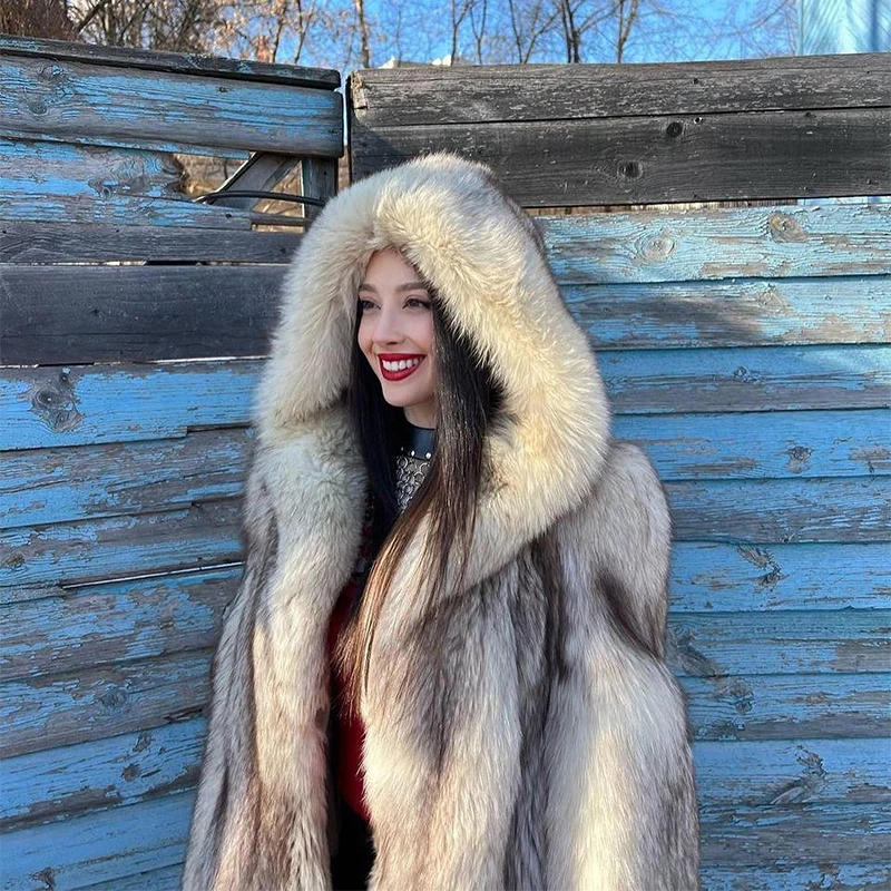 Luxury Genuine Fox Fur Coats Women Streetwear Tide High Quality Outertwear Lady Hooded Warm Natural Real Fox Fur Jacket Female