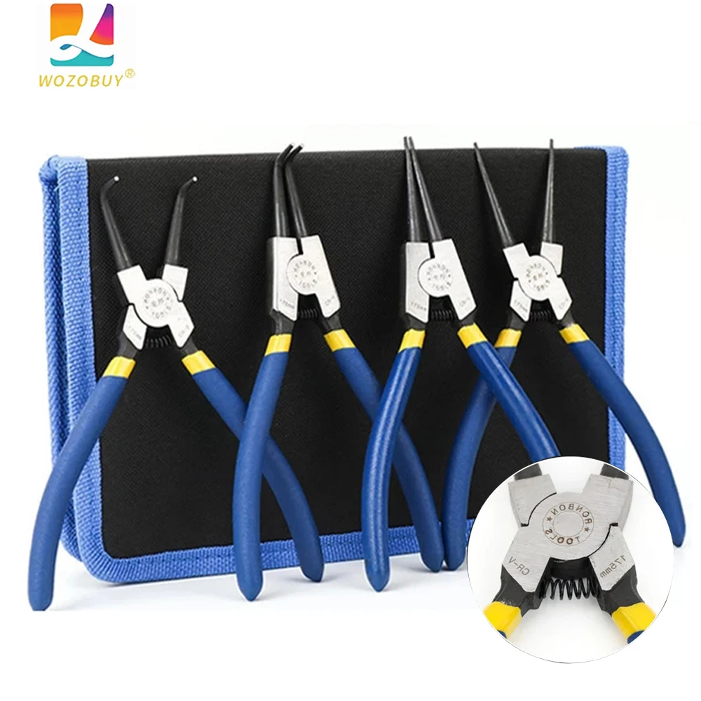 

WOZOBUY 4Pcs Circlip Pliers Sets Interior Outside Straight Bend Tip Long Nose Clamp Rubber Handle Circlip Pliers Repair Tool Kit