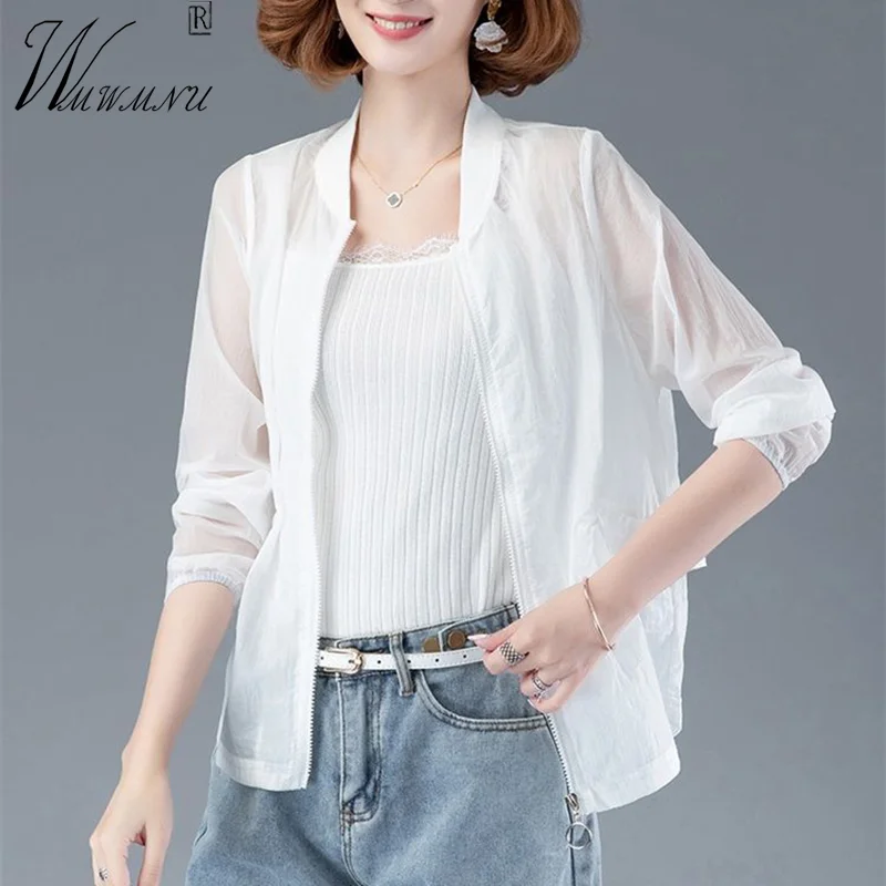 

Summer Sun Protection White Jackets Women Ruffle Design Lightweight Long Sleeve Tops Bomber Chaqueta Mujer Zip Cropped Cardigan