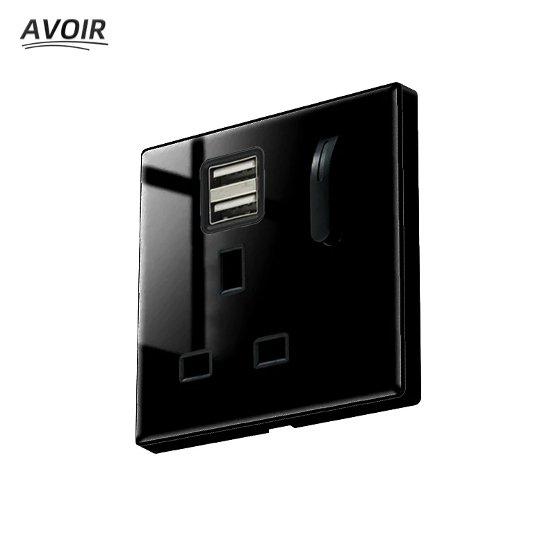 

Avoir Black UK Power Socket 13A Glass Panel Piano Key Design Reset Switch Wall Universal Outlets With Double USB Charger Port