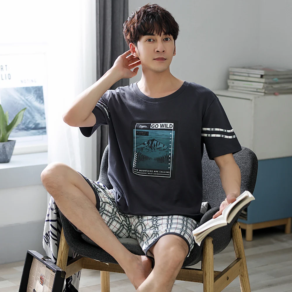 Summer 100% Cotton Pajama Man Cartoon Print Pijama+Fashion Letters Shorts Pajamas for Men  Casual Plus Size Sleepwear Pajama Set