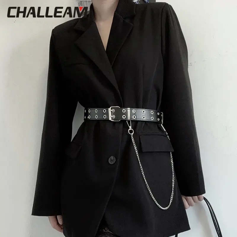 

Ремень женский с широкой двойной кнопкой и пряжкой для глаз, черный пояс-цепочка с гвоздиками для мужчин и женщин, аксессуары для джинсов, 224