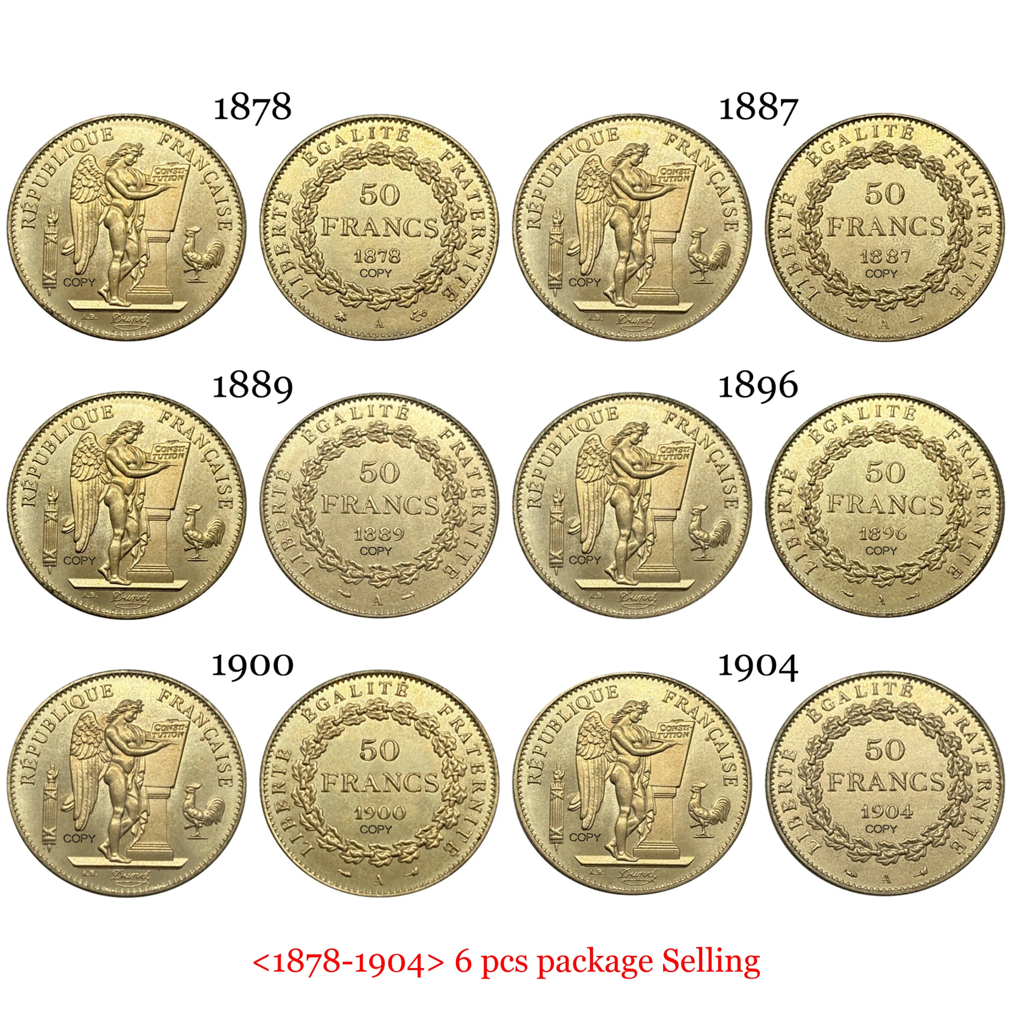 

Копийные золотые монеты Франции 1878-1900 года 50 франков 6 штук
