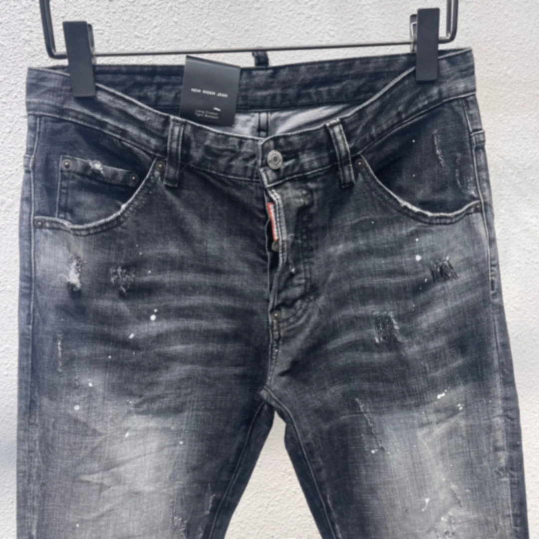 2023 Spring/Summer New D2 Jeans Fashionable Men's Fashion Slim Fit Print Graffiti Scratched Patches Small Feet Pants Men