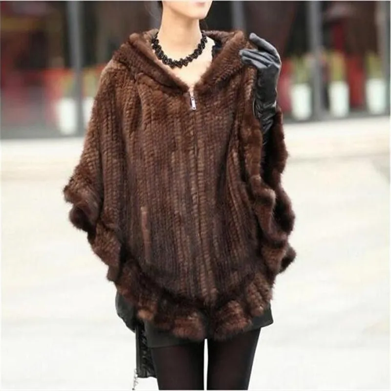 High Quality Mink Fur Hand Knitted Women's Real Fur Coats Hooded Natural Fur Jackets Ponchos And Capes Black/Brown DA-68