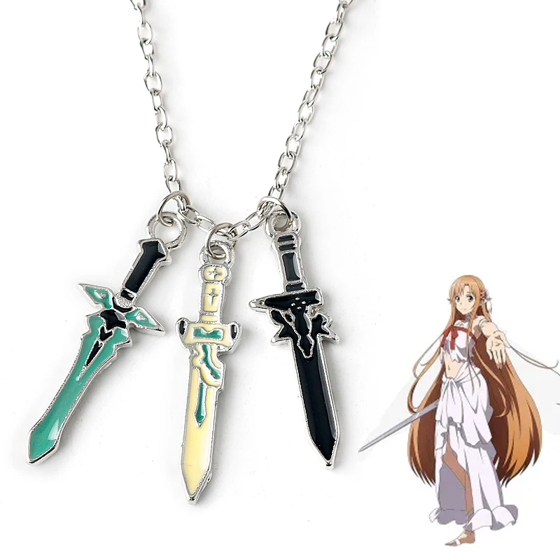 Anime Sword Art Online Keychains Necklace Kirigaya Kazuto Kirito Elucidator Asuna Sword Metal Keyrings Neckalces Jewelry Gift
