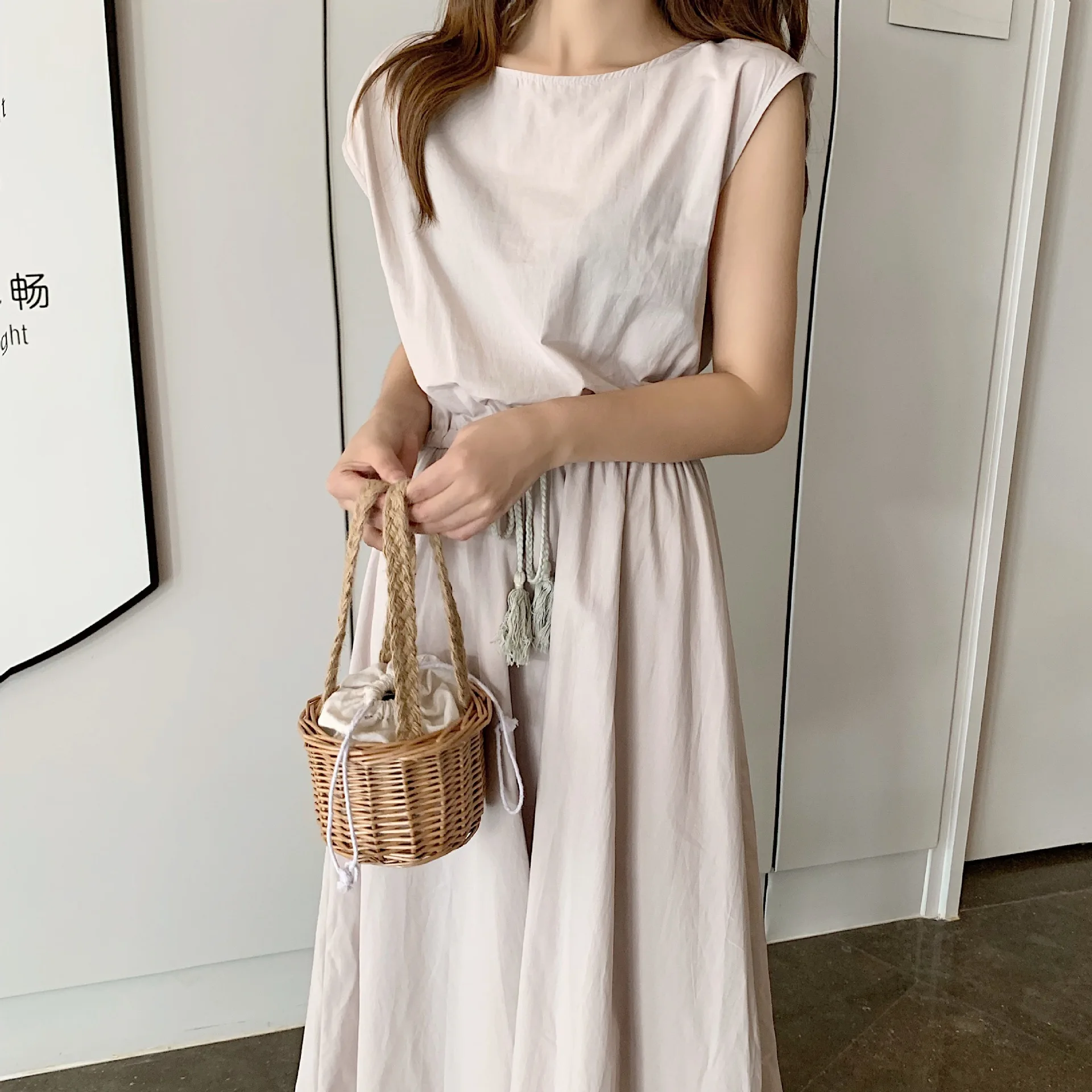 

Blossomora Solid Loose Elastic Waist Korean Midi Dress Casual O-neck Short Sleeve Plus Size Dress Summer Vestidos for Women 2022