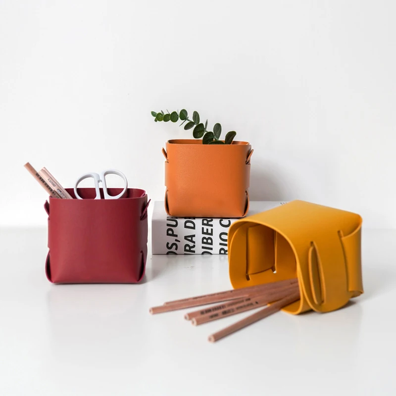 

Nordic Ins Leather PU Storage Box Desktop Makeup Brush Storage Pen Holder Creative Folding Portable Leather Storage Box