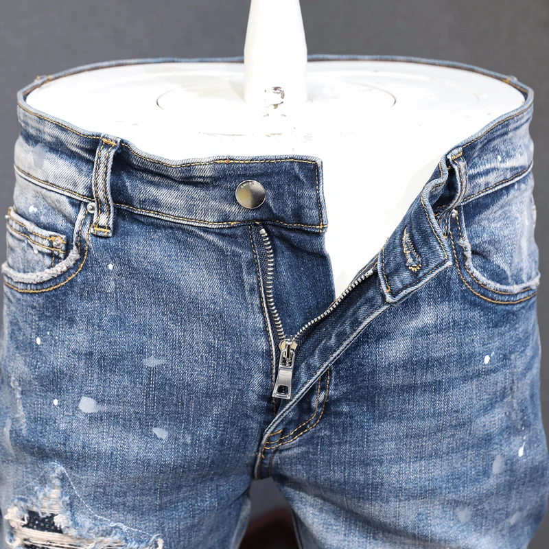 Street Fashion Men Jeans Retro Blue Stretch Painted Skinny Ripped Jeans Men Beading Patched Designer Hip Hop Brand Pants Hombre