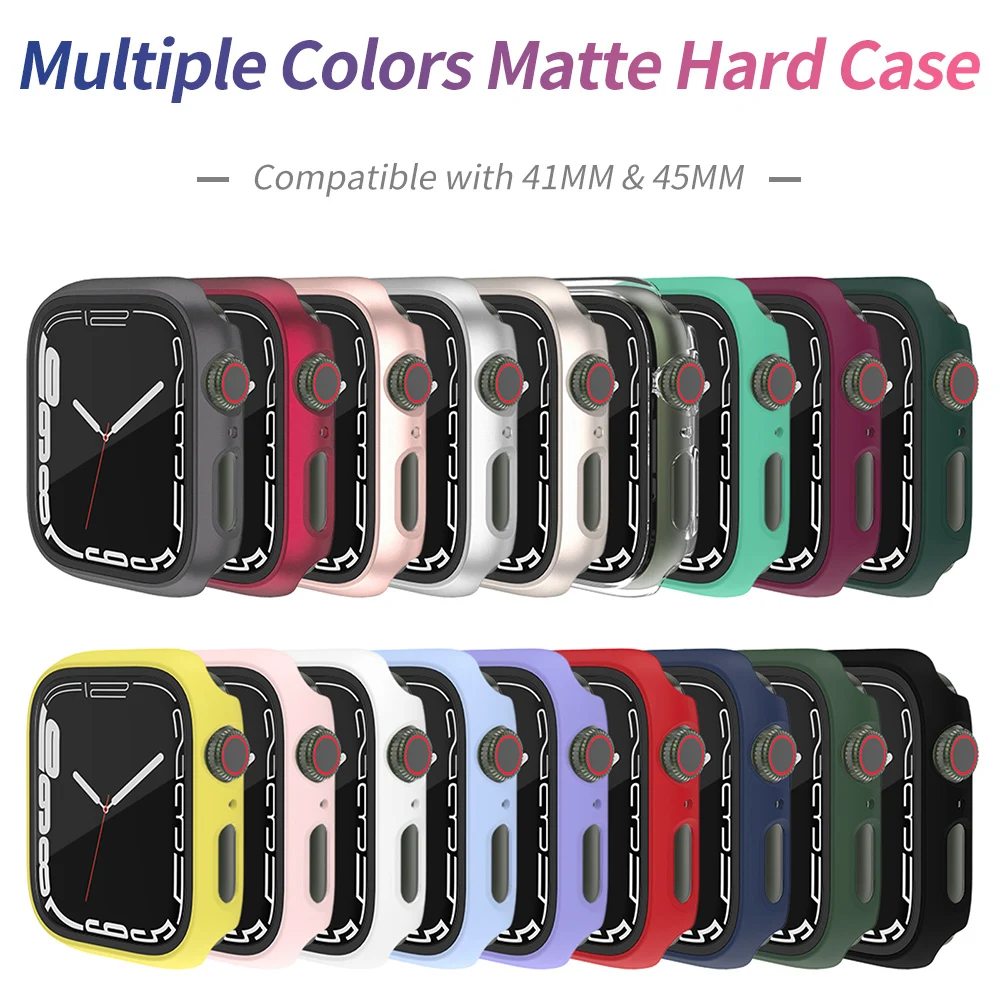 Матовый Жесткий чехол для Apple Watch серии 8 7 41 мм 45 с защитной стеклянной пленкой
