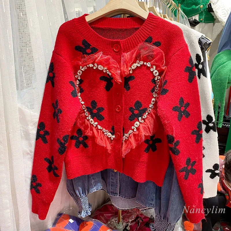 

European Style Cardigan Women Round Neck Flower Exquisite Rhinestone Love Mesh Sweater Coat 2022 Spring Ladies Tops Knitwear