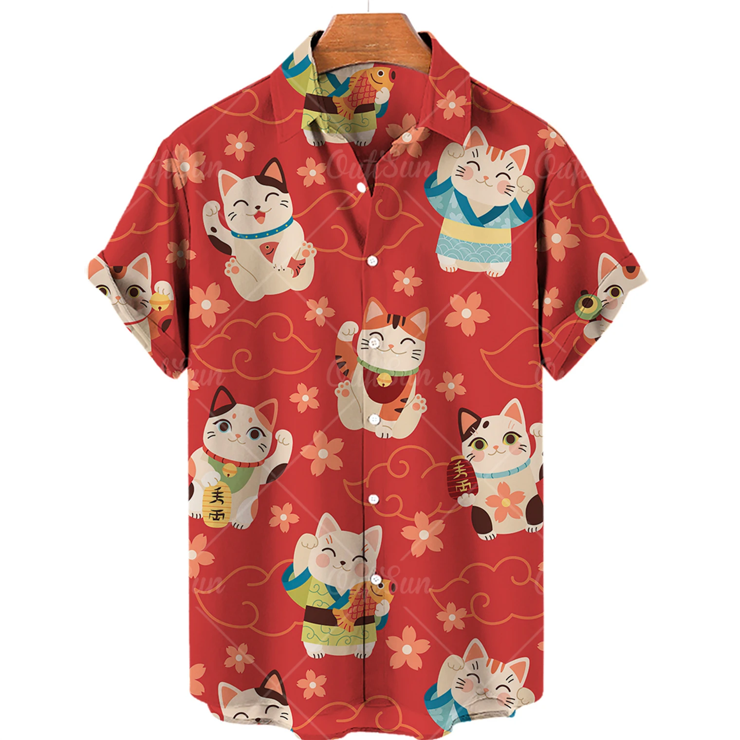 Hawaiian Short sleeved men's girls shirt casual shirt with cute cat print, lapel, Beach, Summer, 5xl, 2022 new Fortune Cat