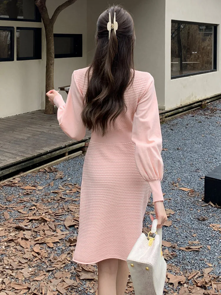 Осень-зима милое вязаное платье с v-образным вырезом корейский дизайн тонкое