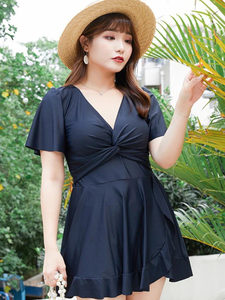 

New Hot Spring Large Size Swimwear Ladies V-neck Monokini One-piece Swim Dress Conservative Slim Belly-covering Swimsuit Women