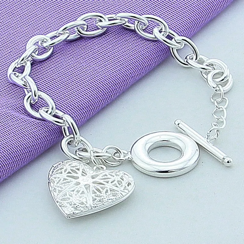 

Women Silver Link Chain Bracelet 925 Sterling Silver Simple Fashion Hollow Heart Charm Bracelet Female Wedding Jewelry Gift
