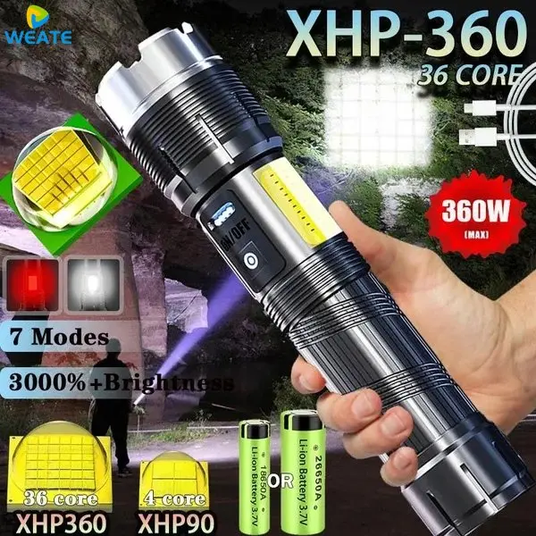 

6000000LM XHP360 Super High Power LED Flashlights Rechargeable Tactical Torch Zoom 7 Modes Waterproof Fishing18650 Flashlight