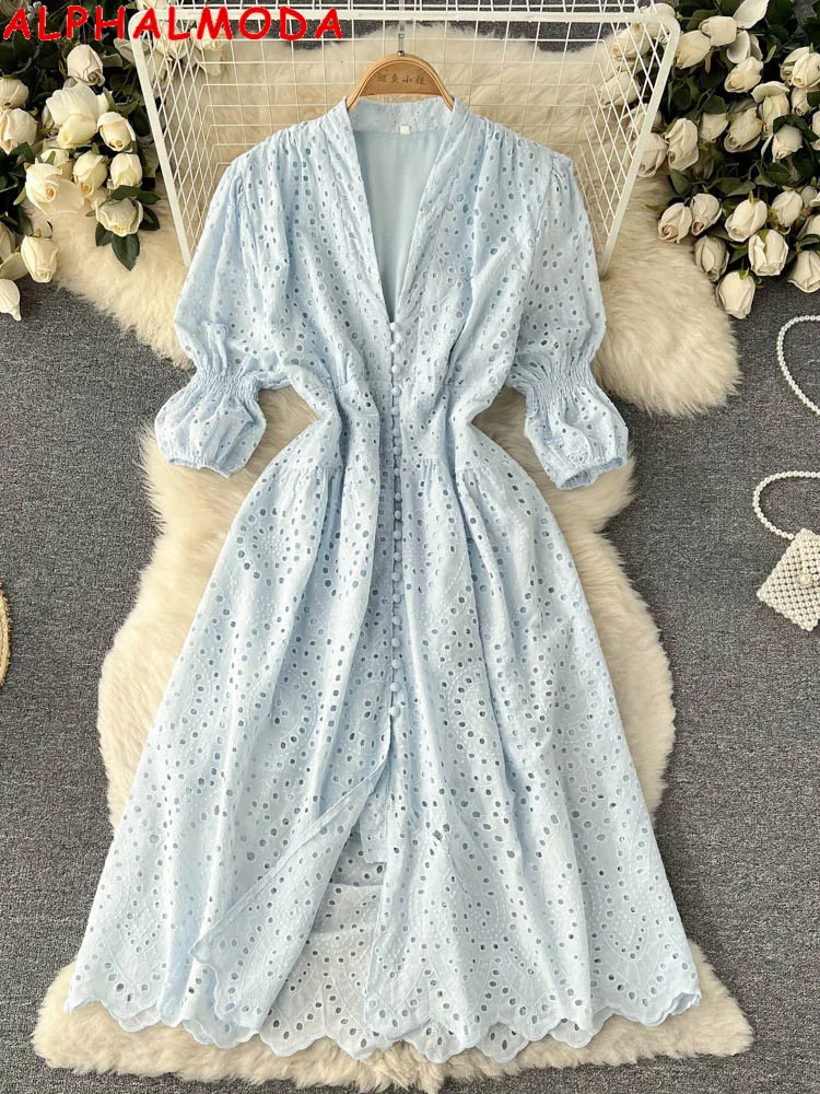 

ALPHALMODA 2022 Summer Ladies Femine V-neck Single Breasted Short-sleeved Cotton Dress Holiday Elegant Women Dress