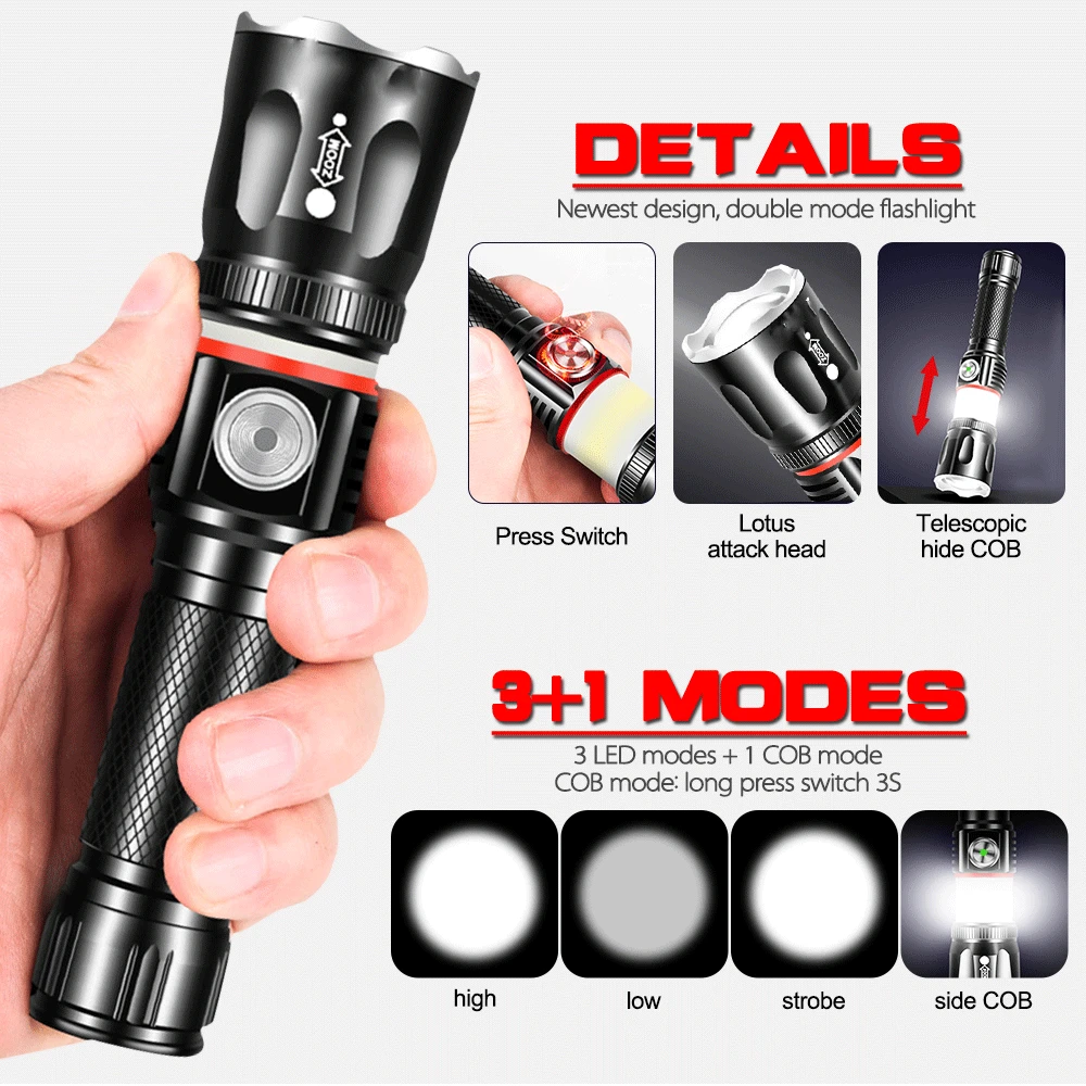 

Powerful Multifunctional LED Flashlight L2 T6 USB Rechargeable Bright COB Zoomable Torch linterna Tail Magnet LED Work Light