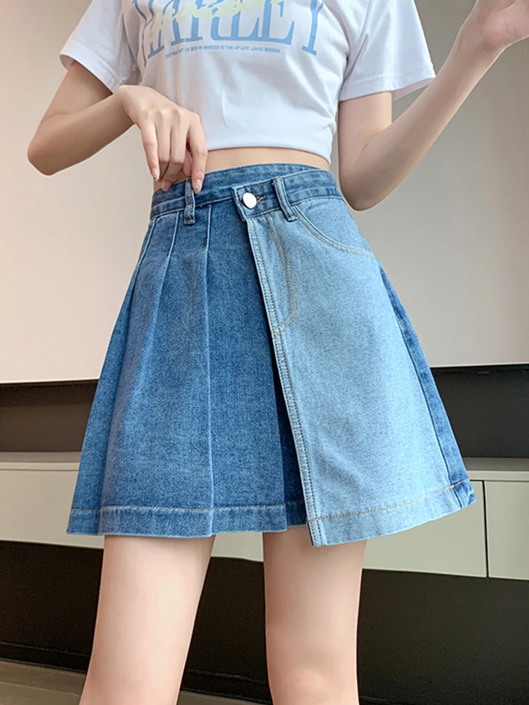 Summer Casual Women Empire Slim Pleated Denim Shorts Vintage Lady High Street Wide Leg Denim Culottes