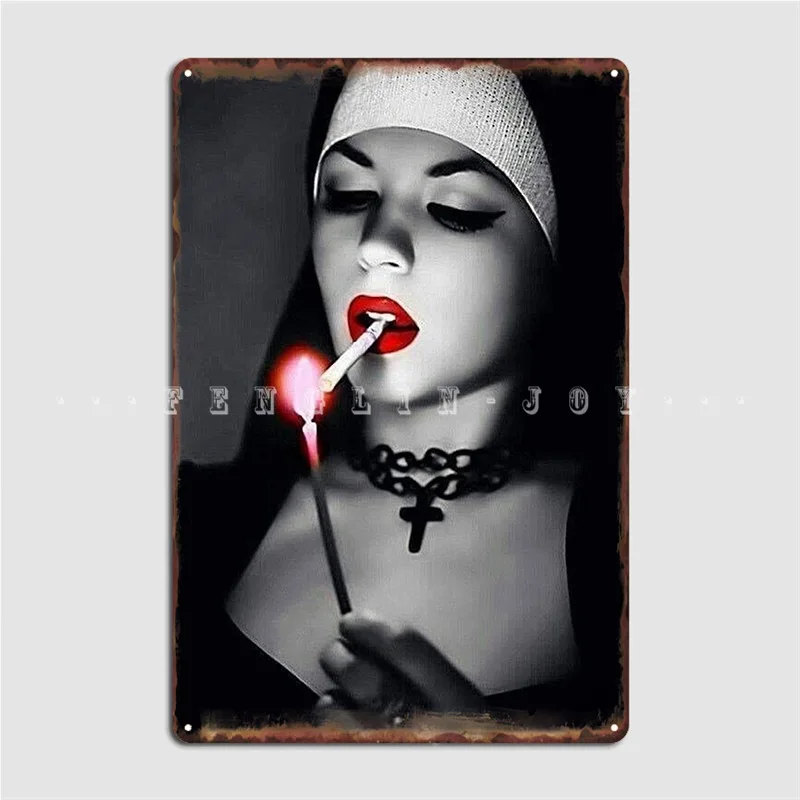 

Black And White Sexy Nun Smoking Cigarette Metal Sign Wall Decor Kitchen Club Party Custom Tin Sign Poster