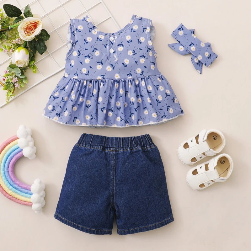 

ETOSELL 3 pcs/set Children's Sets 1-4 Years Summer Kids Baby Girl Sleeveless Plaid Ruffled Top+Ripped Shorts Jeans+Headband
