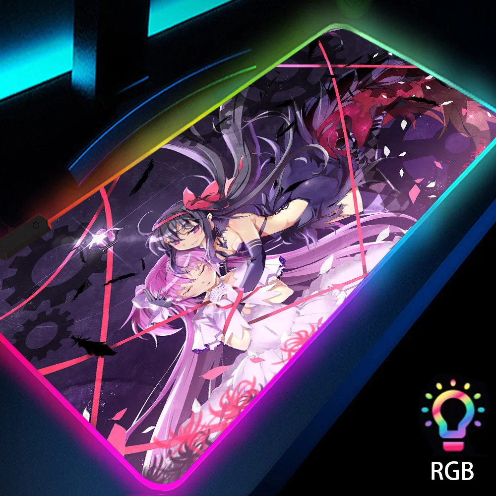 

Madoka Magica Anime Mouse Pads with Backlight Gaming Desk with Led Xxl Rgb Mousepads Luminous Rubberized Carpet Extra Large Girl