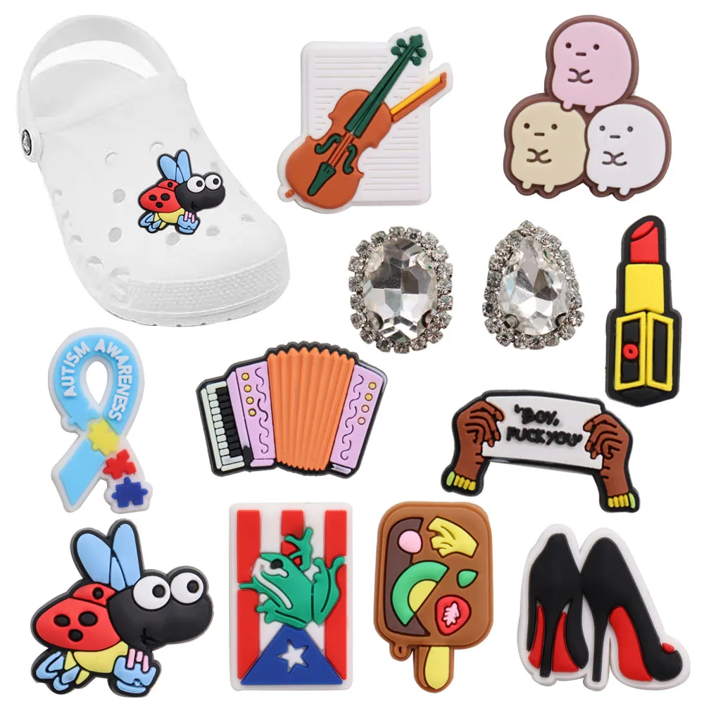

Mix 50PCS PVC Croc Charms Wristbands Violin Organ Bug Lipstick Ice Cream Heels Shoe Decoration Buckle Hole Slipper Accessories