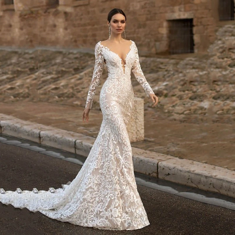 

Mermaid Wedding Dresses Long Sleeves Lace Appliques Wedding Gown Sexy V Neck Wedding Party Bride Dress