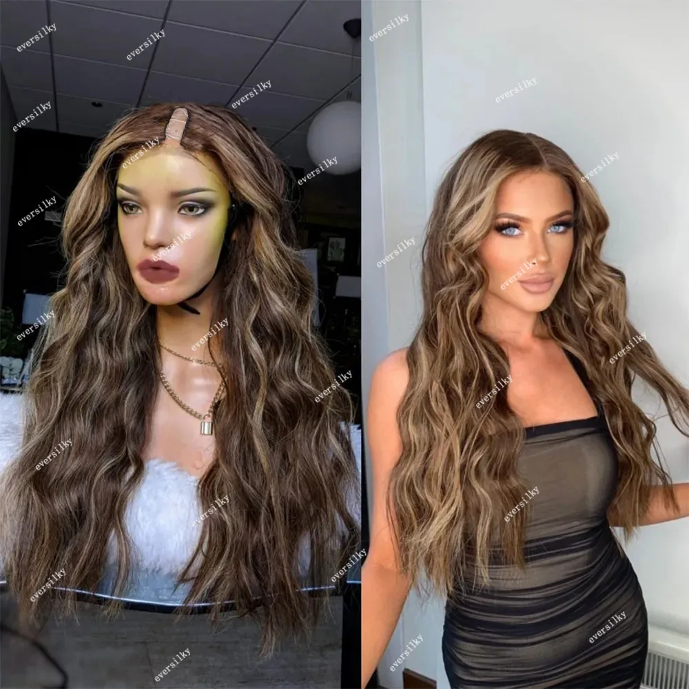 Highlight Carame Blonde Loose Wave V Part Wigs Unprocess 100% Human Hair Chocolate Chestnut Brown Water Curl U Shape Full End