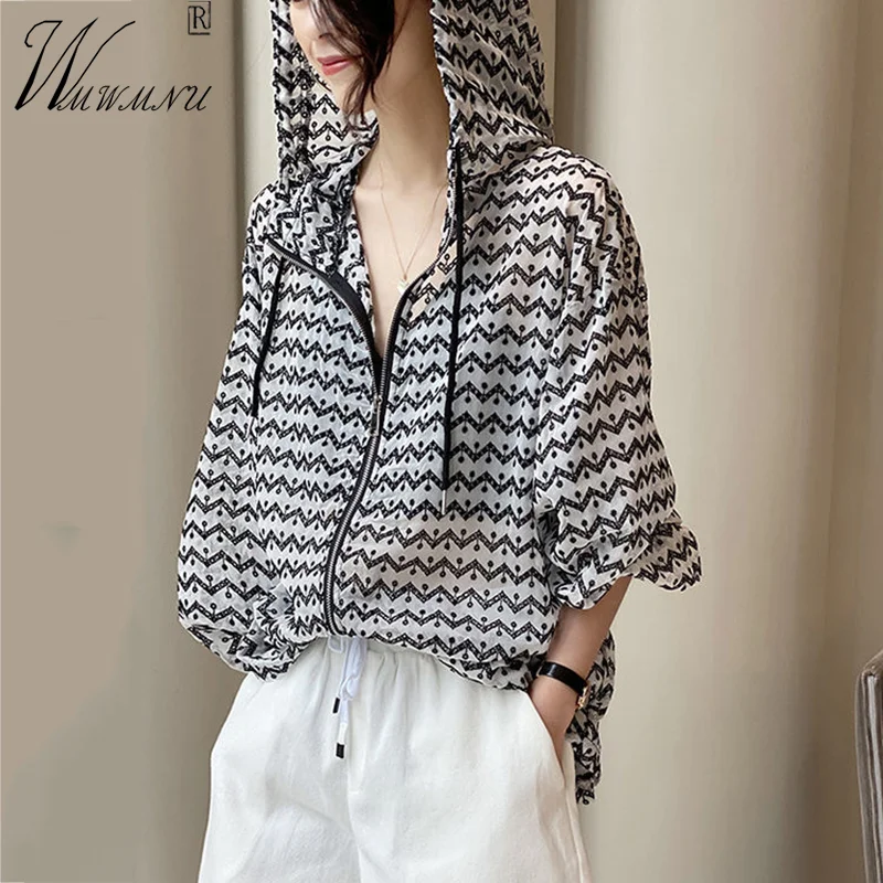 

Fashion Stripe Print Hood Summer Jackets Women Casual Loose Thin Sun Protection Chaquetas Long Sleeves Outdoor Sport Outerwear