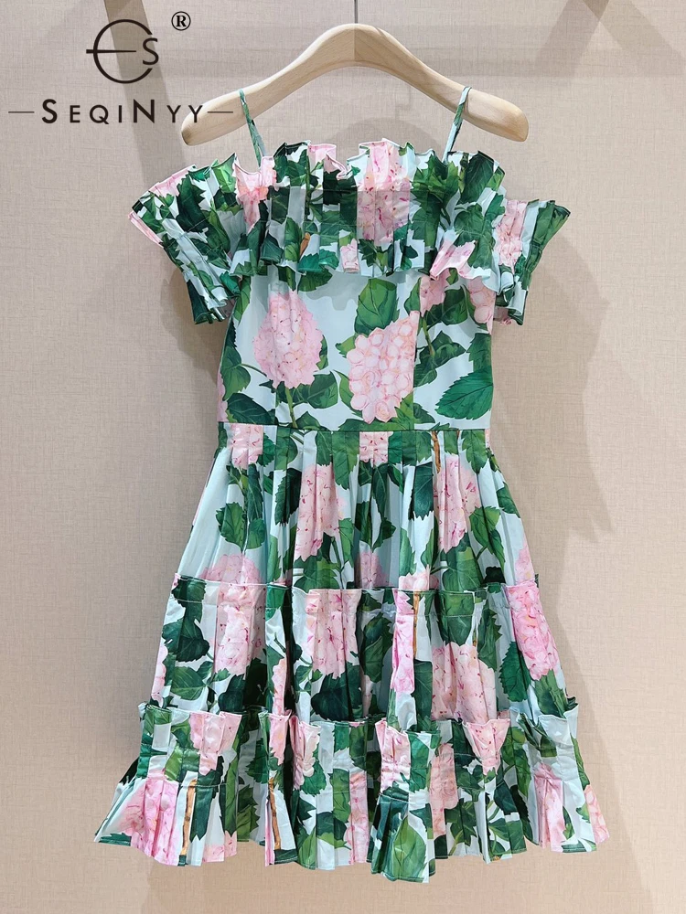 

SEQINYY 100% Cotton Dress Summer Spring New Fashion Design Women Runway Pink Flowers Vintage Print Ruffles High Quality