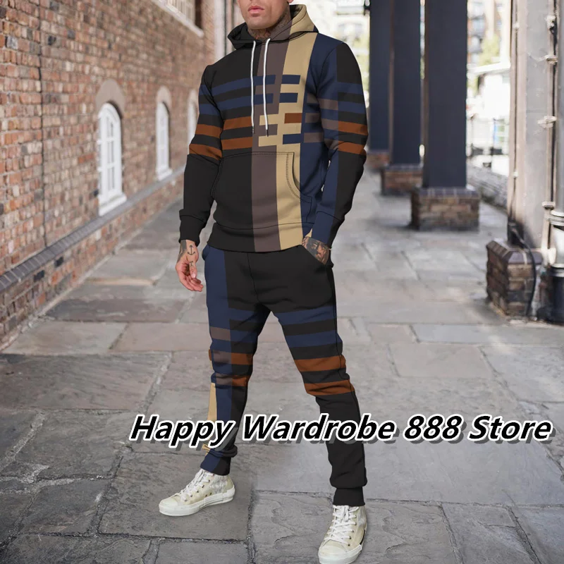 Mens Fleece Hoodies and Trousers 2 Piece Set Stripe Patchwork  Sweatshirts Sweatsuit Man Casual Tracksuits Autumn Clothes Outfit