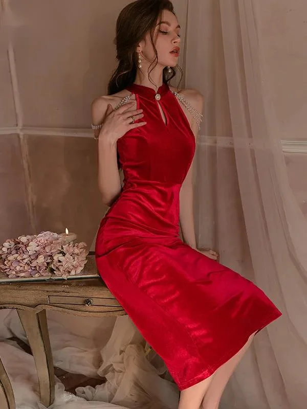 Женское бархатное платье-Ципао с высоким воротником и открытой спиной