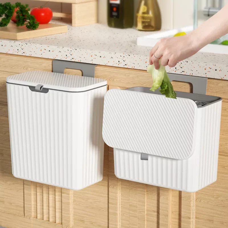 

NEW2023 7/9L Wall Mounted Kitchen Trash Can Hanging Trash Bin Cabinet Door Bathroom Trash Can With Lid Garbage Bin Counter Bins